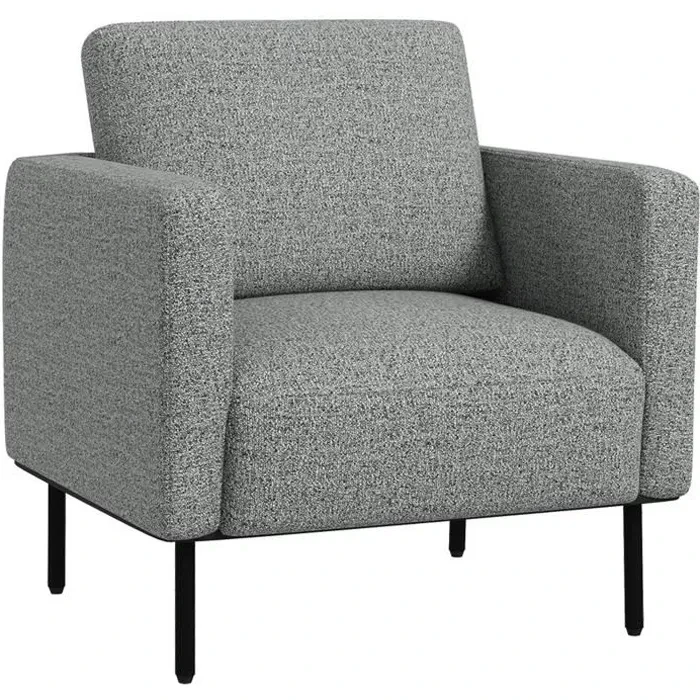 Fauteuil style contemporain grand confort piètement métal noir tissu toucher lin gris chiné