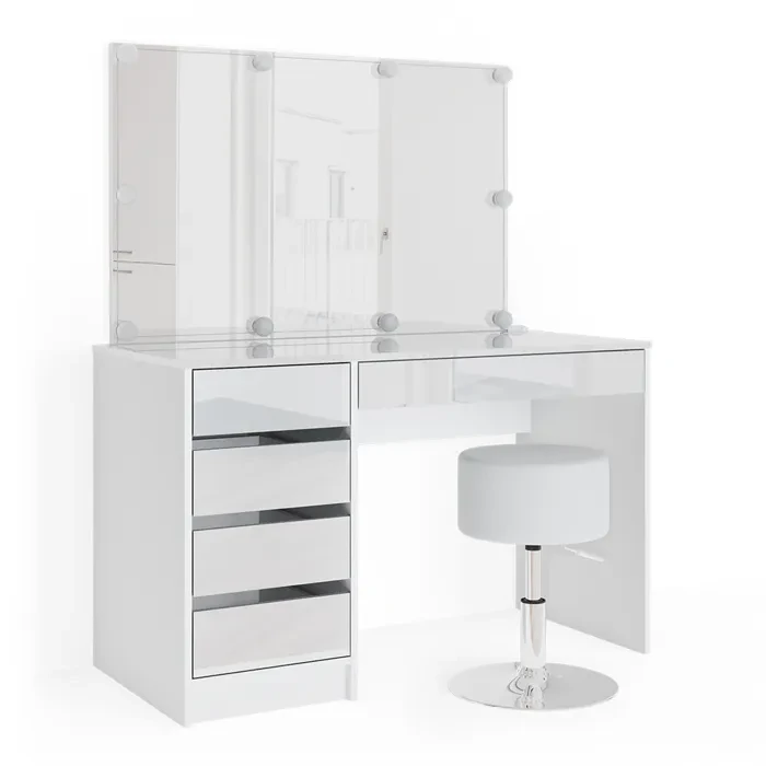 Vicco coiffeuse Sherry, Blanc Haute brillance, 120 cm avec éclairage LED et tabouret