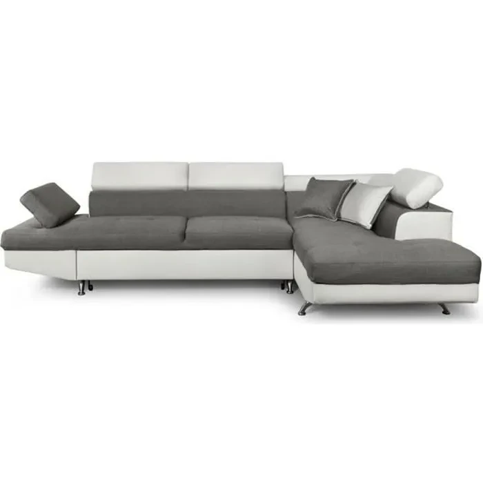 Canapé d'angle RIO Convertible avec coffre en tissu et simili - Angle Droit, Blanc et Gris