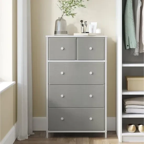 Commode de chambre avec 5 Tiroirs - Style Industriel - Gris Clair et Blanc - SONGMICS